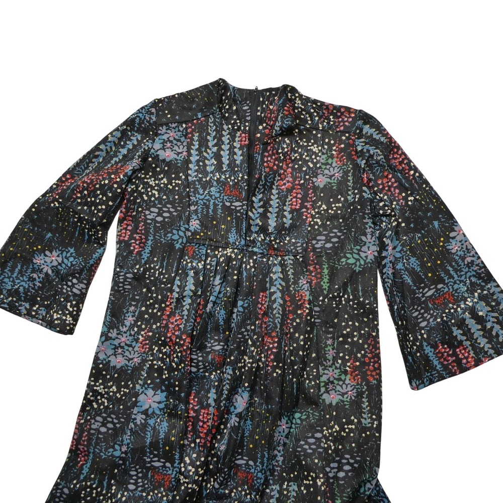 Floral Maxi Dress Womens Medium Black High Neck 3/4 Sleeve A-Line Casual